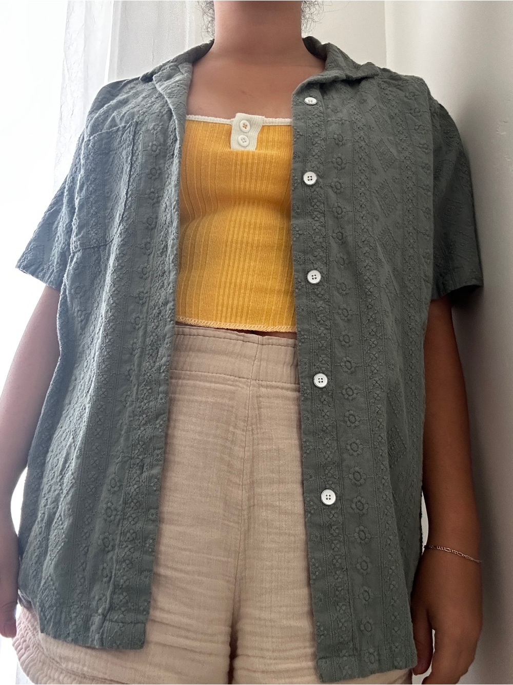 Free Planet Women's Short-Sleeve Button Down Shirt in Olive Green